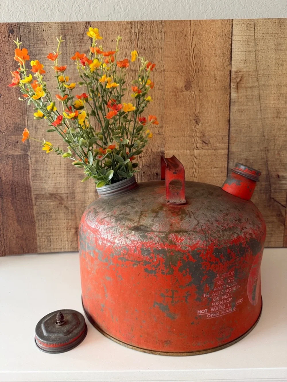 Vintage Rustic Distressed Orange Metal Gas Can with Faux Floral